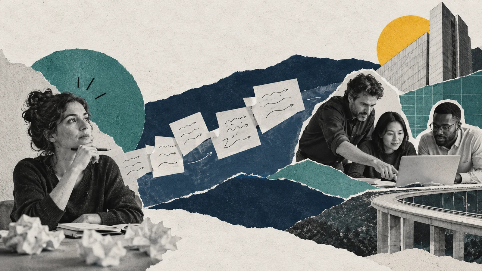 AI-generated editorial collage of photographic cutouts and paper illustrating “AI transformation in B2B marketing: from individual prompts to reliable operations”.