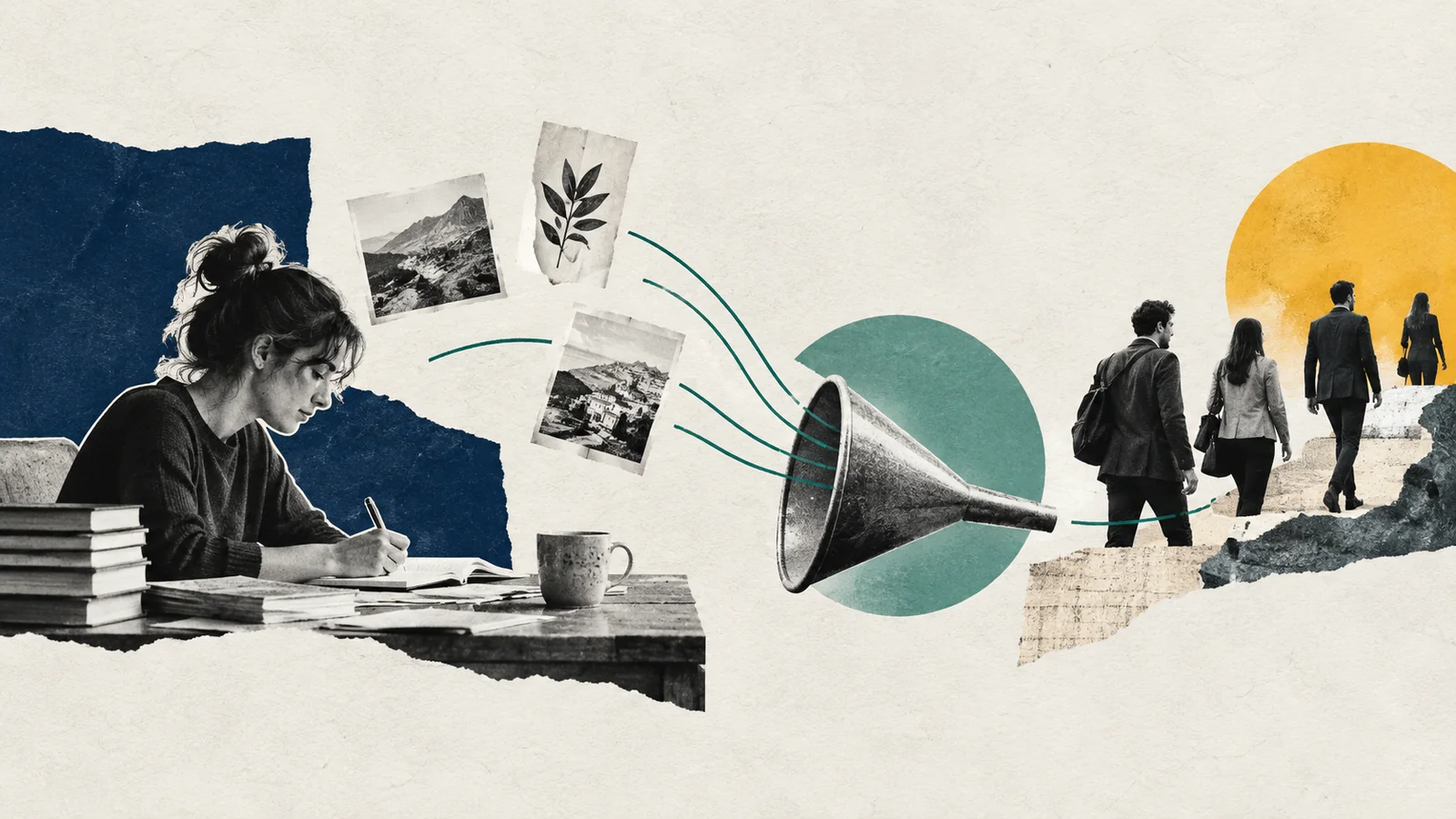 B2B Content Marketing: Leitfaden & Praxisartikel KI-generierte Editorial-Collage aus fotografischen Ausschnitten und Papier zum Thema „B2B Content Marketing: Von der guten Idee zur qualifizierten Anfrage“.