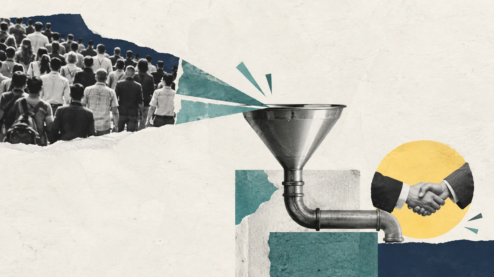 Performance Marketing für B2B: Wissen & Praxis KI-generierte Editorial-Collage aus fotografischen Ausschnitten und Papier zum Thema „B2B Demand Generation: von Aufmerksamkeit zu qualifizierter Pipeline“.