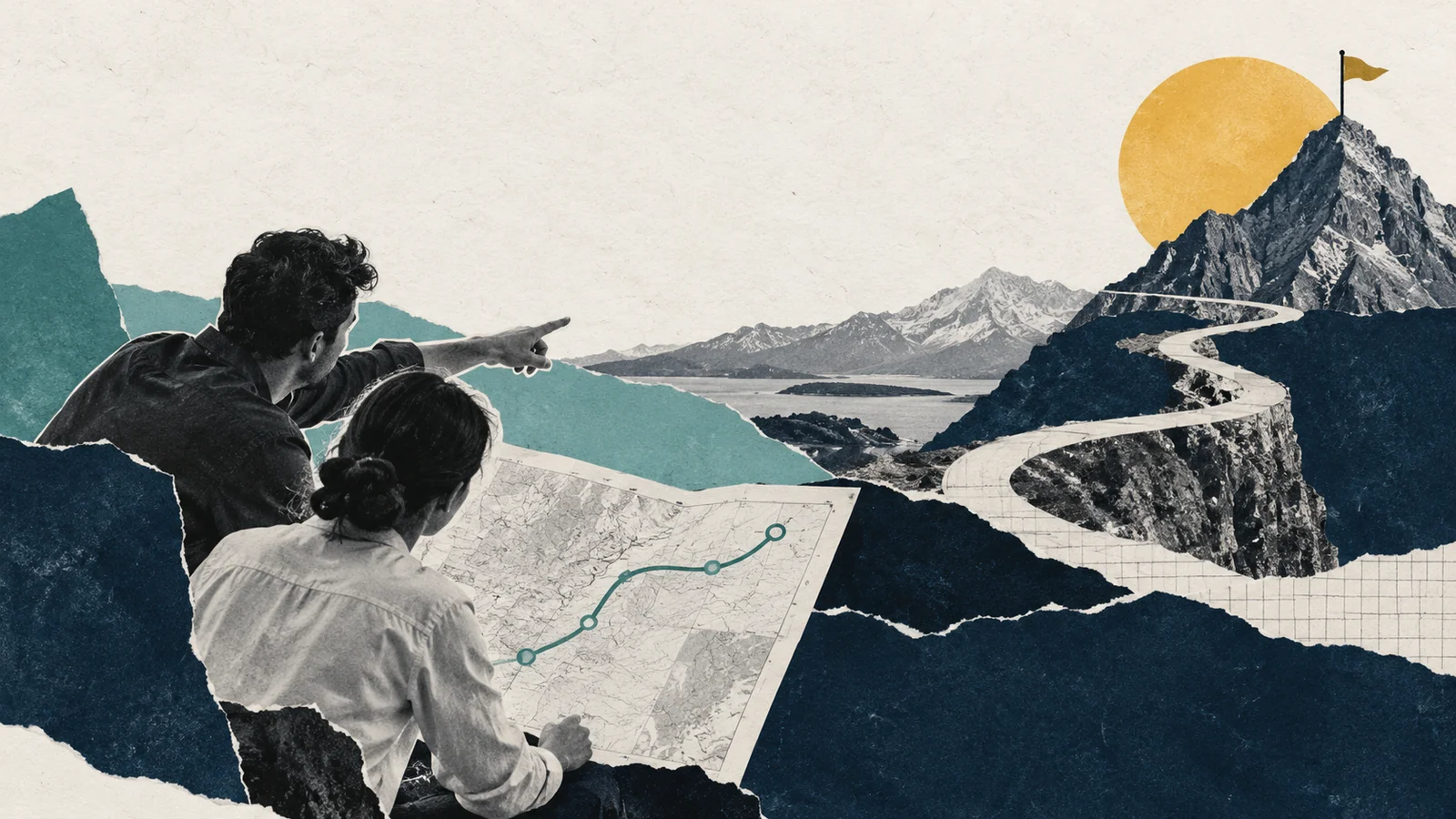 KI-generierte Editorial-Collage aus fotografischen Ausschnitten und Papier zum Thema „Go-to-Market für B2B SaaS: vom Marktverständnis zur umsetzbaren Wachstumsstrategie“.