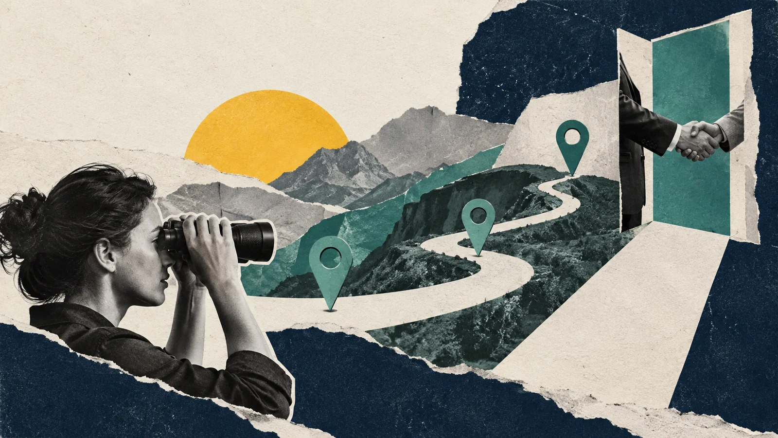 KI-generierte Editorial-Collage aus fotografischen Ausschnitten und Papier zum Thema „SEO, GEO und AEO für SaaS: Sichtbarkeit, die Kaufentscheidungen unterstützt“.