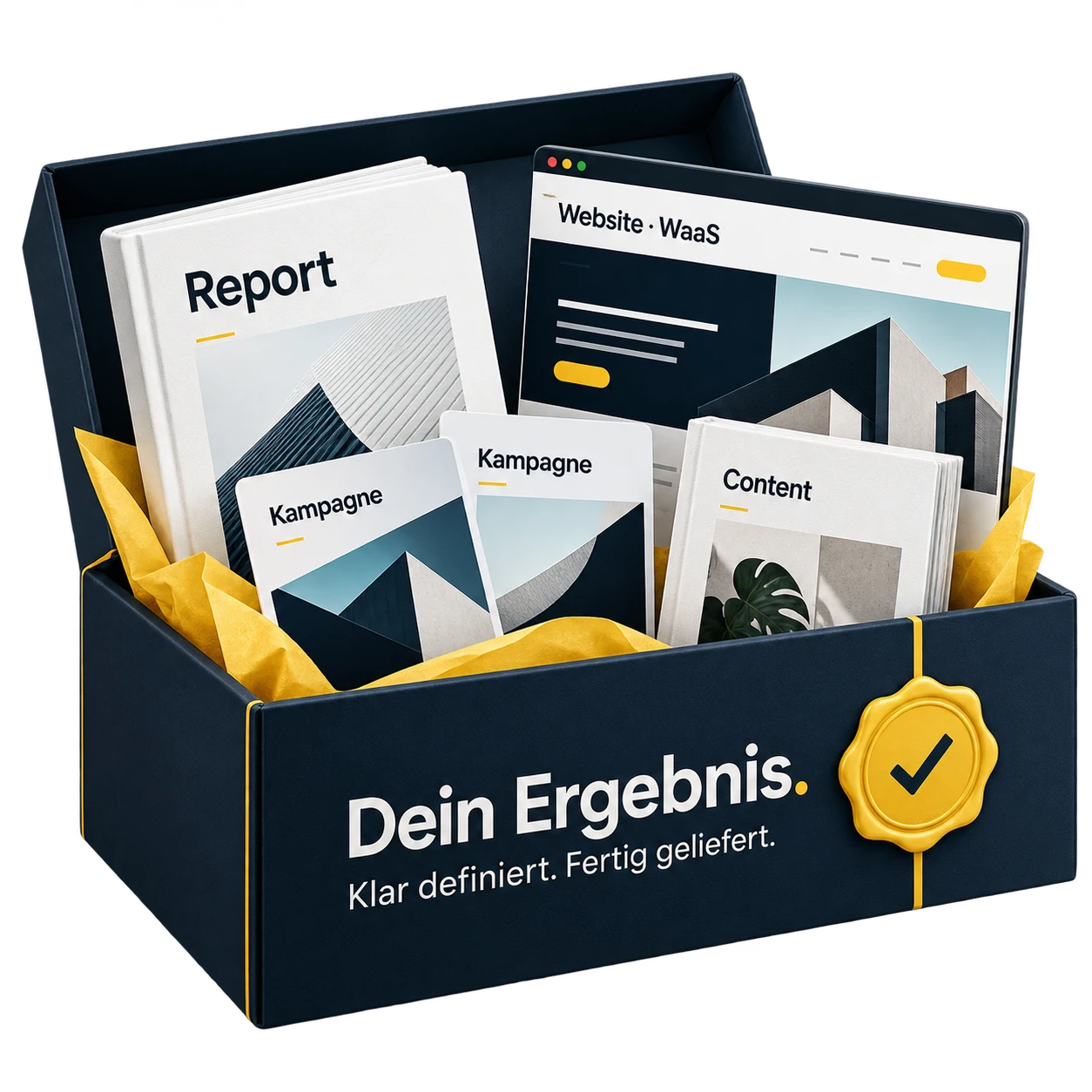 Ein fertiges Ergebnispaket mit Report, Kampagnenmotiven, Content und Website as a Service (WaaS).