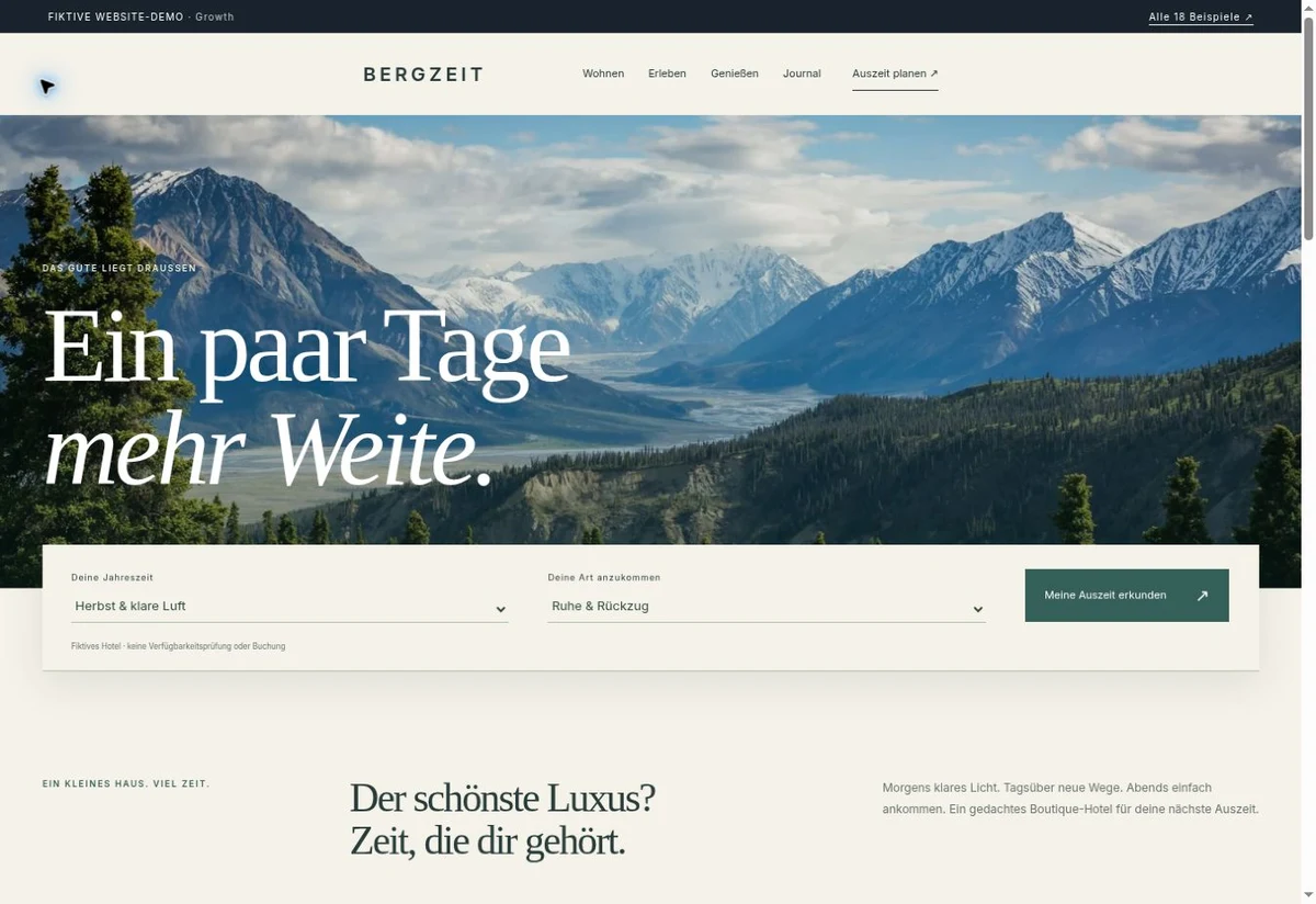 Screenshot des Website-Einstiegs: BERGZEIT