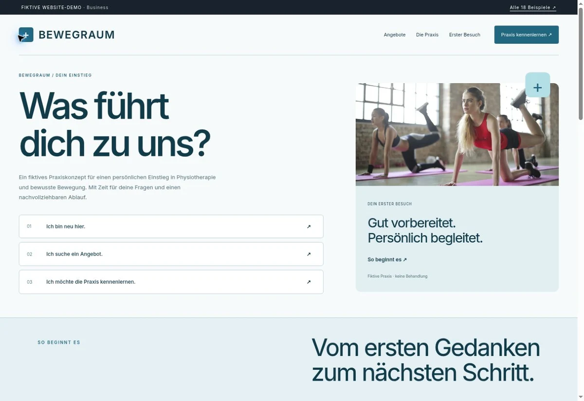 Screenshot des Website-Einstiegs: BEWEGRAUM