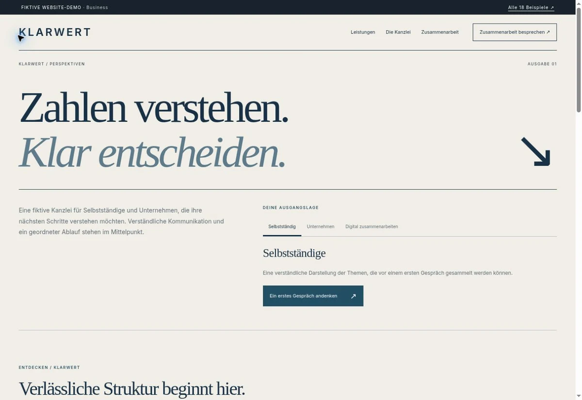 Screenshot des Website-Einstiegs: KLARWERT