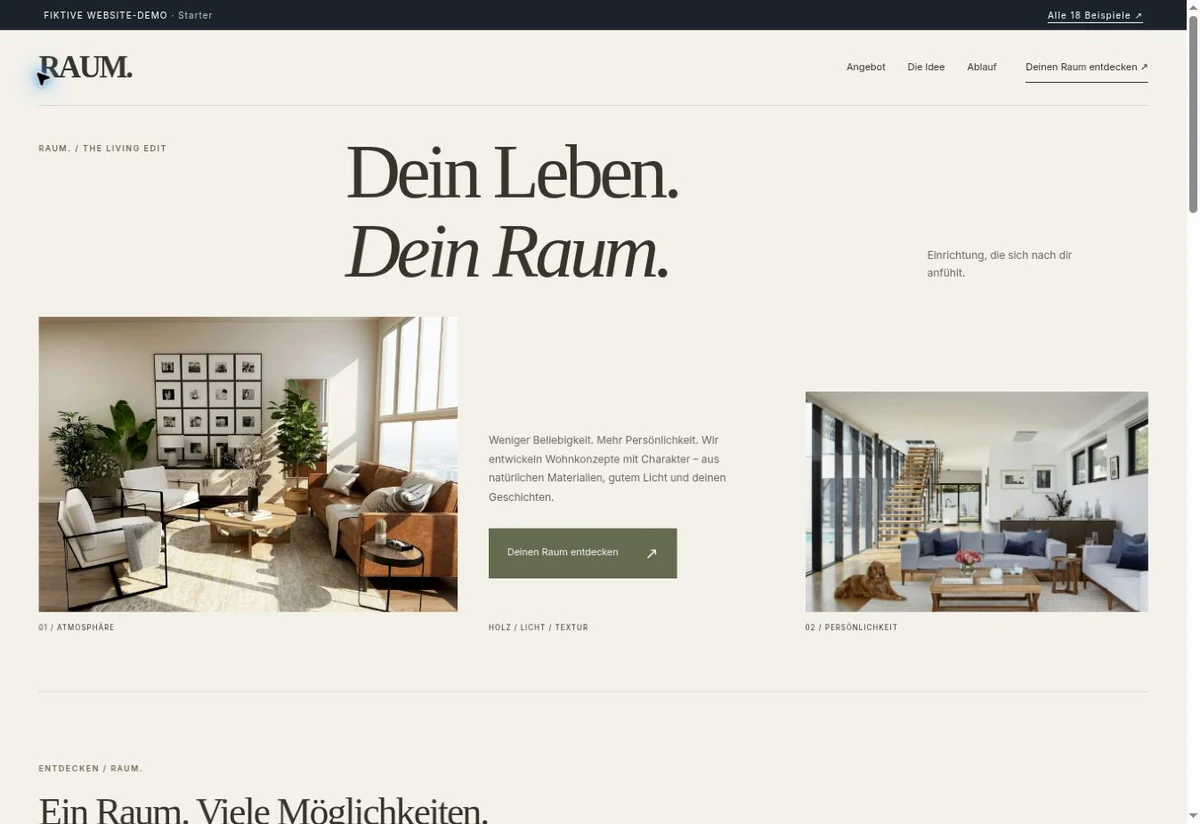 Screenshot des Website-Einstiegs: RAUM.