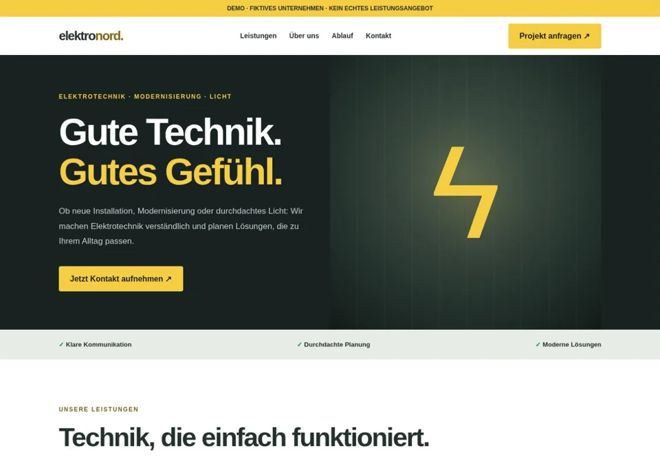 Vorschau der fiktiven Website Elektro Nord